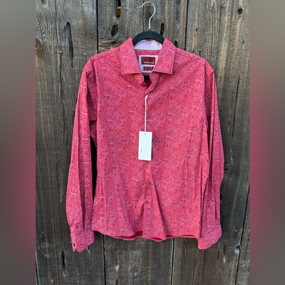 NWT Consequence Red Paisley Button Up Long Sleeve Slim Fit Dress Shirt